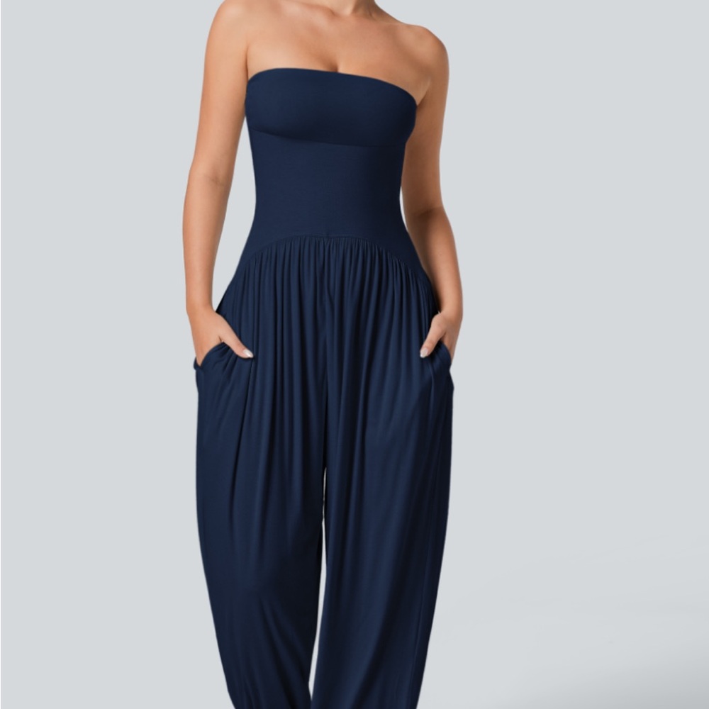 HALARA Blue Strapless Jumpsuit with Elegant Wide-Leg Design